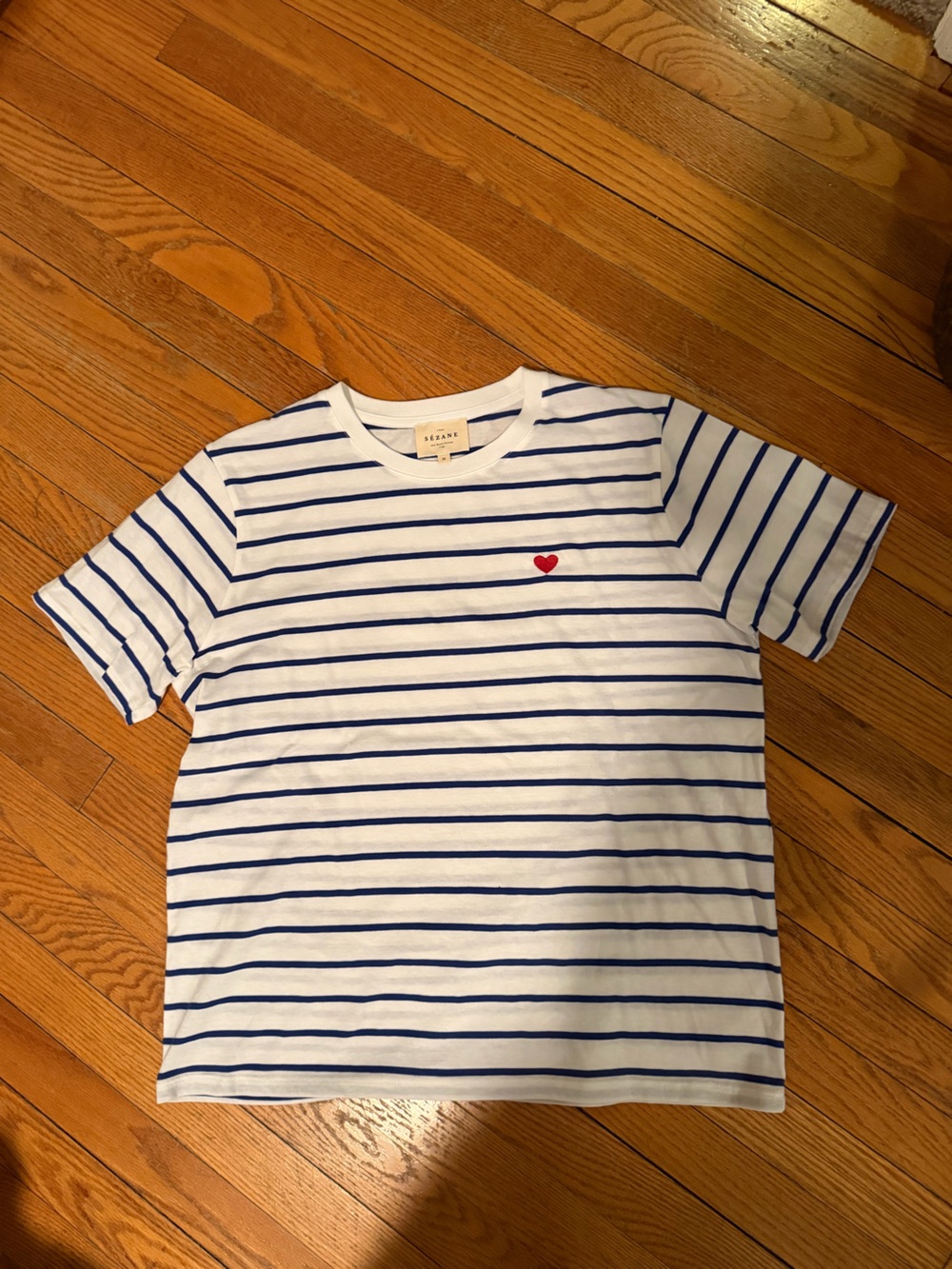 Sezane White & Navy Striped Womens Tee with Red Heart Embroidery